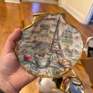 Parisian Themed Scallop shell decoupaged trinket tray with Gold Accents